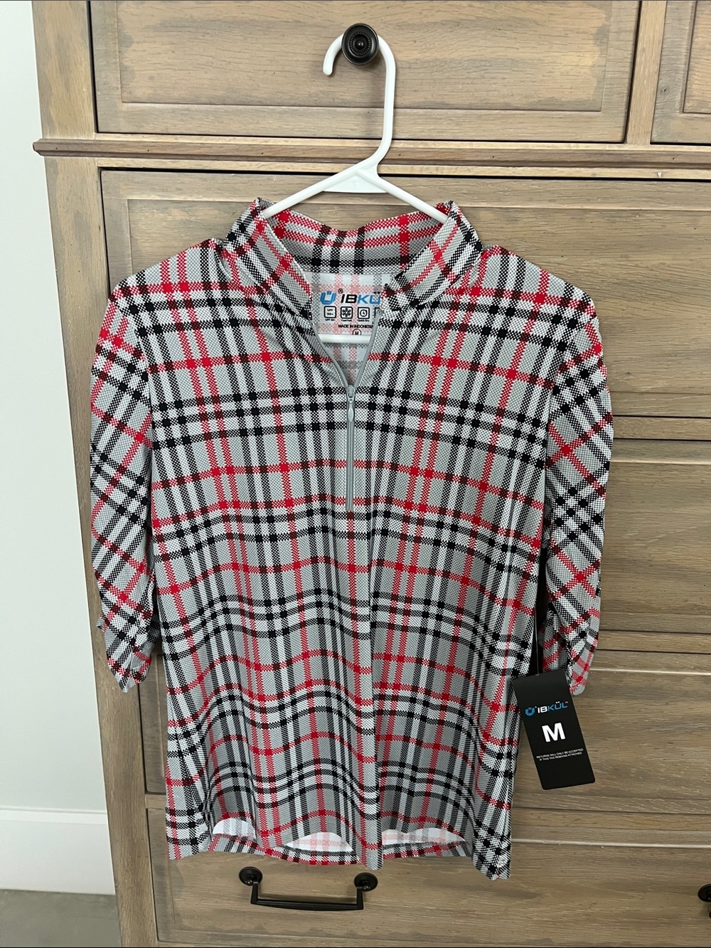 IBKUL NWT Womens Red Black White Plaid Zip-Front 3/4 length sleeve